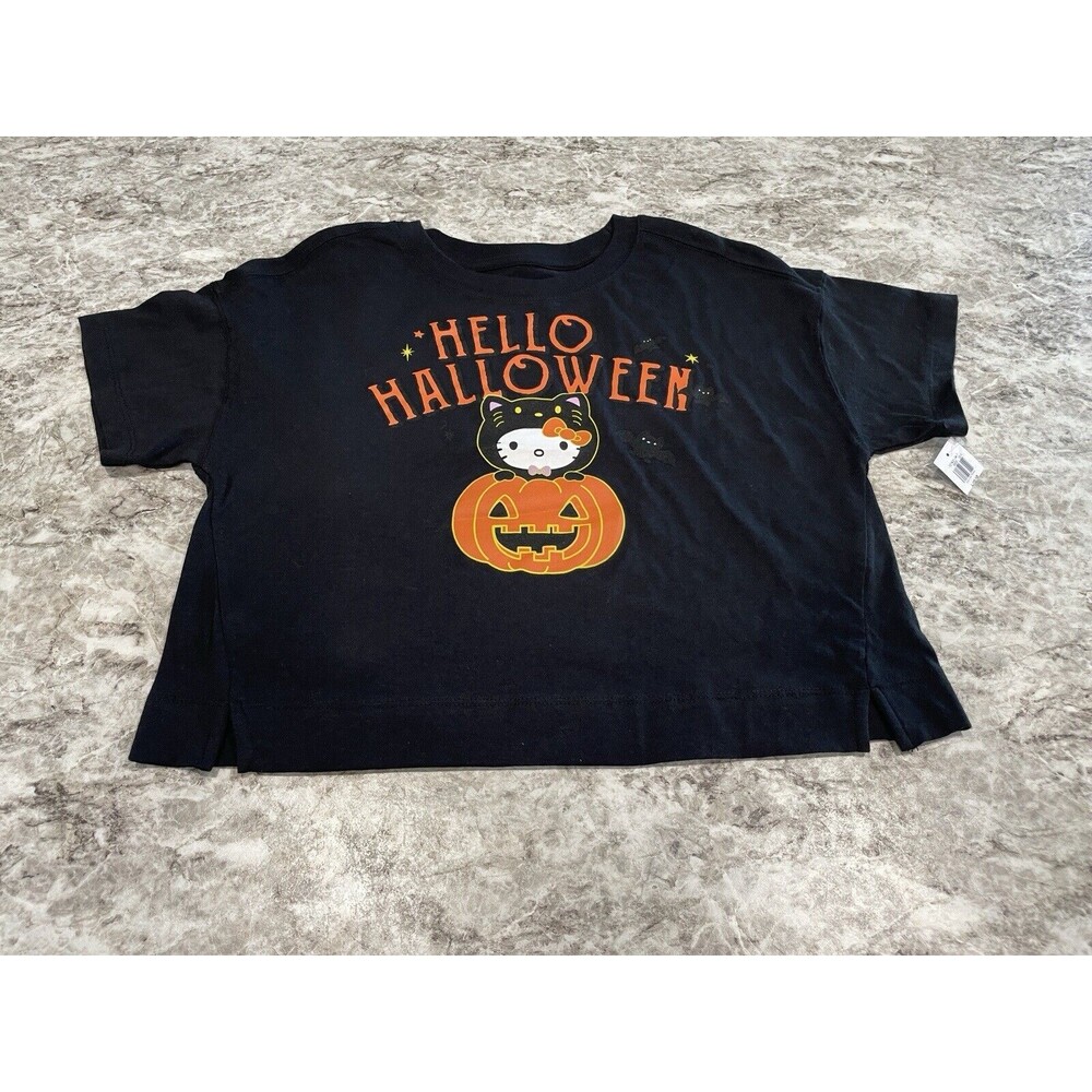 Hello Kitty Hello Halloween Pumpkin Sanrio Crop T-Shirt Black NWT Girls 10/12